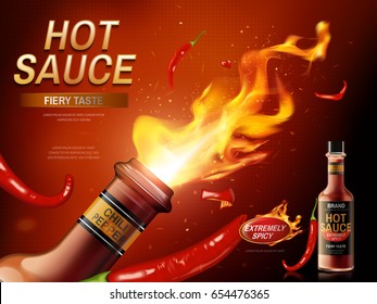 salsa picante y pimienta picante roja y fuego saliendo de una botella, fondo rojo, ilustración 3d 