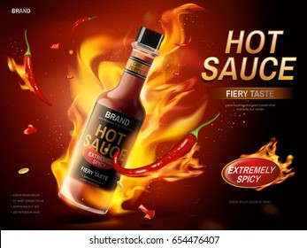 hot sauce ad with red chili pepper and fire elements, dark red background, 3d illustration 