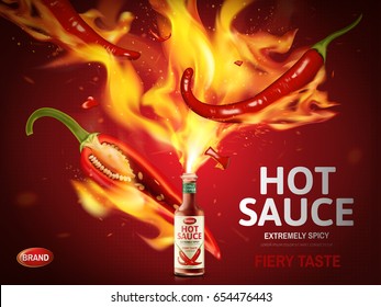 hot sauce ad with red chili pepper and huge flames popping out from a bottle, red background, 3d illustration 