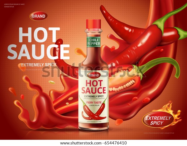 hot sauce ad with a lot of\
red chili peppers red sauce elements, red background, 3d\
illustration 