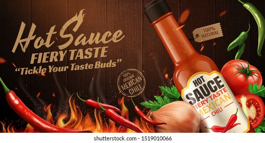 Hot sauce ads with chilli and burning fire effect on wooden plate in 3d illustration