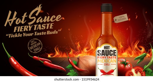 Hot sauce ads with chilli and burning fire effect in 3d illustration