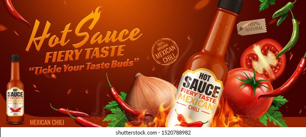 Hot sauce ads with chilli and burning fire effect in 3d illustration