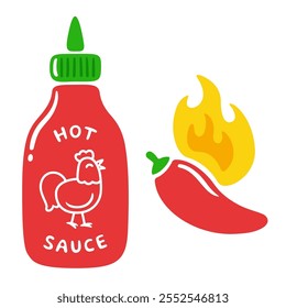 Hot sauce bottle drawing with red chili pepper and flame. Simple cartoon doodle, vector clip art illustration.