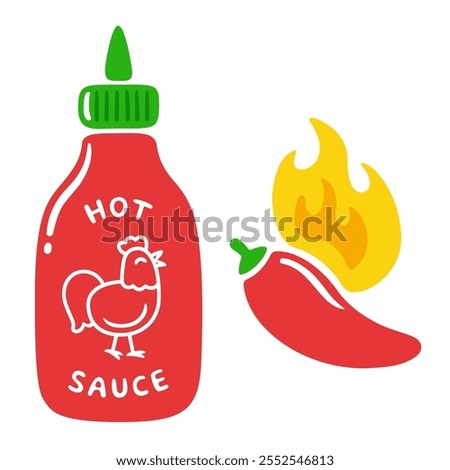 Hot sauce bottle drawing with red chili pepper and flame. Simple cartoon doodle, vector clip art illustration.
