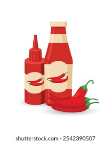 Hot sauce bottle in flat design vector. Chili sauce. stock illustration