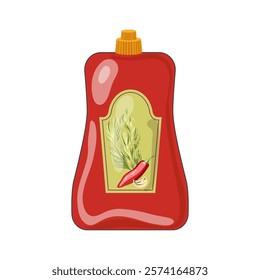 Hot sauce in bottle in flat design. Red condiment with pepper, garlic, herbs. Vector illustration isolated.