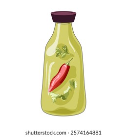 Hot sauce in bottle in flat design. Condiment with red pepper and herbs. Vector illustration isolated.