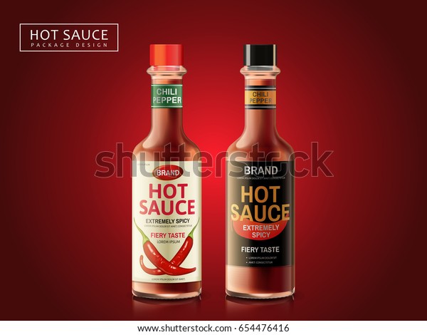 hot sauce bottle package design, dark red
background, 3d
illustration