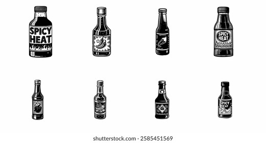 Hot sauce bottles black and white illustrations chili pepper icons