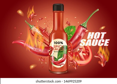 Hot sauce chili pepper bottle with chili splashing elements ads isolated on solid color background, Vector realistic in 3D illustration.