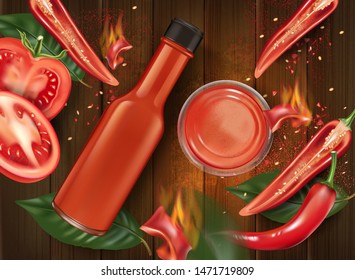 Hot sauce chili pepper bottle with chili splashing elements on wooden table background, Vector realistic in 3D illustration.