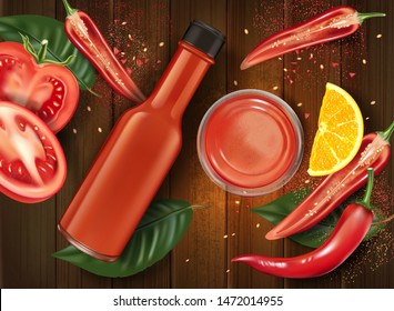 Hot sauce chili pepper bottle with chili splashing elements ads isolated on white background, Vector realistic in 3D illustration.