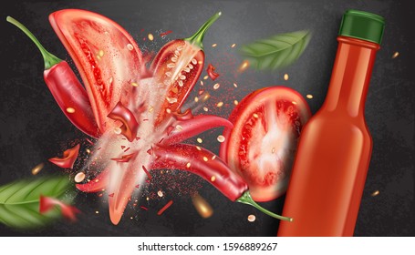 Hot sauce chili pepper bottle mock up with chili explosion elements ads. Vector realistic in 3D illustration.