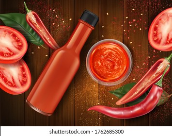 Hot sauce chili pepper bottle with chili splashing elements ads isolated on solid color background, Vector realistic in 3D illustration.