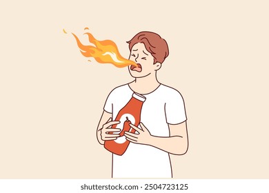 Hot sauce with chili pepper or tabasco was tasted by man who was breathing fire from mouth. Guy eats spicy hot sauce or ketchup, enjoying sizzling spices for gourmets love thrills.