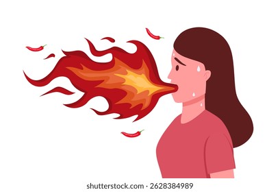 Hot sauce with chili pepper or tabasco was tasted by woman who was breathing fire from mouth. Guy eats spicy hot sauce or ketchup, enjoying sizzling spices for gourmets love thrills