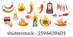 Hot sauce, chilly pepper. Lips and tongue with fire, Spicy food Mexican. Cooking chili seasoning. Fresh ingredient, tasty burn. Red vegetable flame, green bottles. Vector doodle isolated labels set