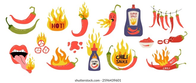 Hot sauce, chilly pepper. Lips and tongue with fire, Spicy food Mexican. Cooking chili seasoning. Fresh ingredient, tasty burn. Red vegetable flame, green bottles. Vector doodle isolated labels set