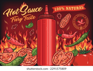 Hot sauce detailed flyer colorful with vegetables and spicy peppers on fire for promo natural signature sauce vector illustration