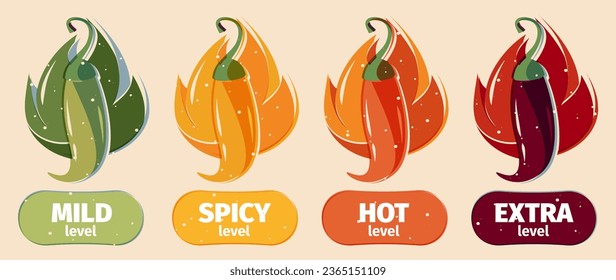 Hot sauce level. Chili pepper rating scale, capsaicin indicator asian cuisine food, spicy ketchuppers restaurant indicator. Vector colorful set. Mild, spicy, hot and extra ingredients