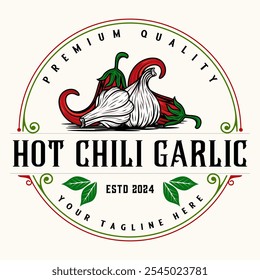 design de logotipo de molho quente. pimenta e alho, para rótulo de molho de especiarias, comida apimentada.	