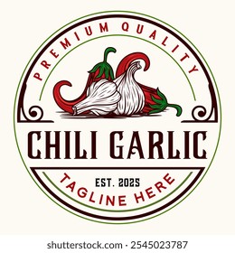 hot sauce logo design. chili and garlic, for spices sauce label, spicy food.	