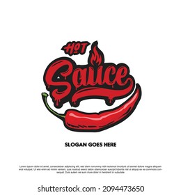 Hot Sauce Logo Design. Hot Sauce Lettering With Chili And Fire Vector. For Your Brand Or Product.