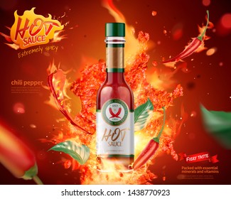 Anuncios de productos con salsa picante con efecto quemante sobre fondo rojo, ilustración 3d