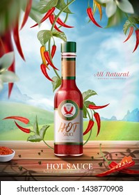 Hot sauce product ads with chili peppers plant on wooden table and nature background, 3d illustration