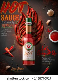 Hot sauce product ads with chili peppers in fire shape, 3d illustration