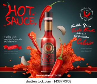 Hot sauce product ads with flying ingredients and garlic in 3d illustration