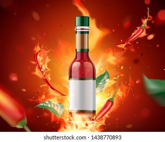 Hot sauce product with burning fire and chili on glitter red background, 3d illustration