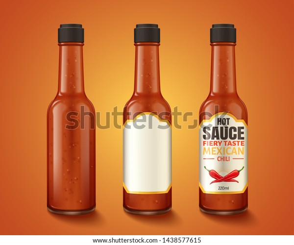 Hot sauce product container and label design\
in 3d illustration