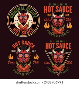 Hot sauce set of vector emblems, labels, badges with devil head in colored style on dark background