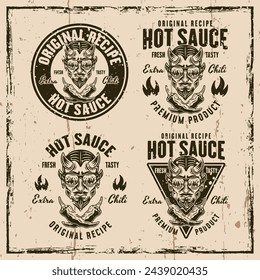 Hot sauce set of vector emblems, badges, labels or prints. Illustration on background with grunge textures and frame