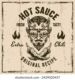 Hot sauce vector emblem, badge, label or prints with devil head and crossed chili peppers. Illustration on background with grunge textures and frame