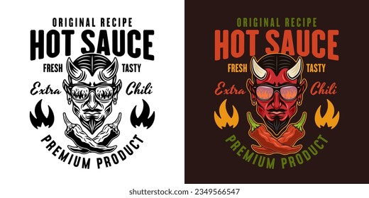 Emblema vectorial de salsa picante, etiqueta, placa con ilustración de la cabeza del diablo en dos estilos negro sobre blanco y colorido