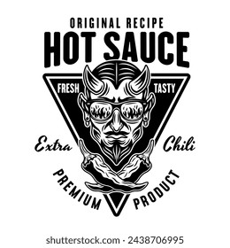 Hot sauce vector emblem, label, badge with devil head in monochrome style isolated on white background