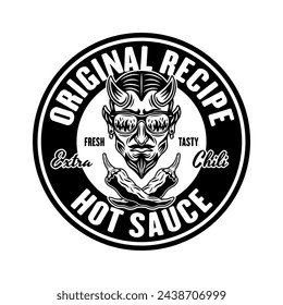 Hot sauce vector emblem, label, badge with devil head in monochrome style isolated on white background
