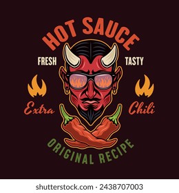 Emblema vectorial de salsa picante, etiqueta, insignia con cabeza de diablo en estilo de color sobre fondo oscuro