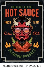 Hot sauce vintage colored poster with devil head and two crossed chili peppers vector illustration. Layered, separate grunge texture and text