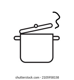 Hot saucepan icon. Cooking pot. Boiling process. Cartoon art. Kitchen utensil. Vector illustration. Stock image. 