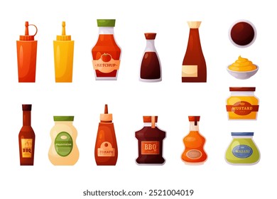 Iconos de salsas calientes. Vector conjunto de diferentes salsas: tomate ketchup, mostaza, mayonesa, soja, especia picante, chile pimienta, wasabi, teriyaki, barbacoa. Botella del tarro de condimento de la comida. Aliño picante para la comida, barbacoa