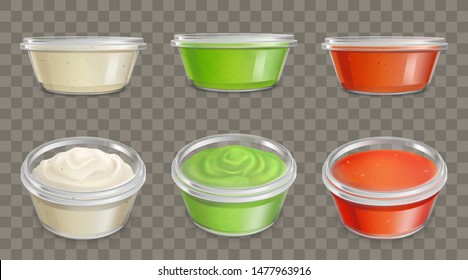 Hot sauces in sealed, transparent containers with lid side, top view 3d realistic vector set isolated on transparent background. Red chili, tartar sauces and guacamole dip in plastic tray illustration