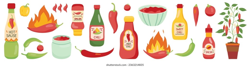 Hot sauces. Spicy seasoning. Burning red pepper. Salsa bottles or bowls. Cooking ingredient. Jalapeno and cayenne. Mexican cuisine. Isolated tomato and paprika. Vector chili spices set