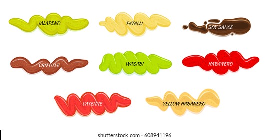 Hot sauces spilled stripes set. Colorful blobs of various popular seasoning flat vector illustration isolated on white background. National cuisines spicy ingredients collection for icon, logo and web