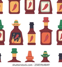 Hot sauces vector cartoon seamless pattern background.