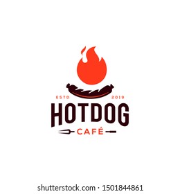 Hot sausage with fork logo icon. hipster vintage Flame burn hotdog vector illustration , for Bbq grill party cafe and restaurant