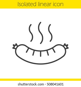 Hot sausage linear icon. Bratwurst. Thin line illustration. Steaming sausage contour symbol. Vector isolated outline drawing